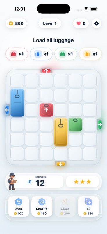 Level 1 board with four colored bags to route to matching exits