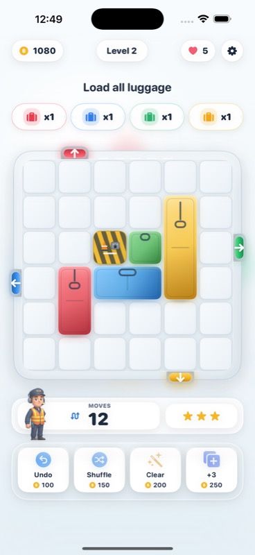 Level 2 board with locked blockers and mixed-size cargo