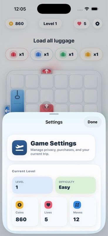 In-game hub showing coins, lives, level, and difficulty