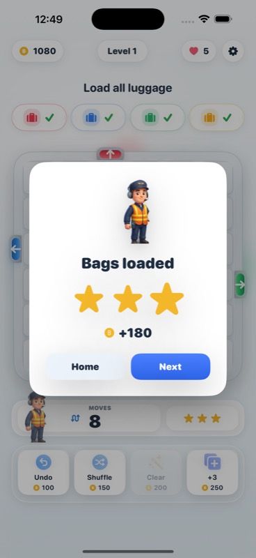 Win screen with three stars and coin bonus